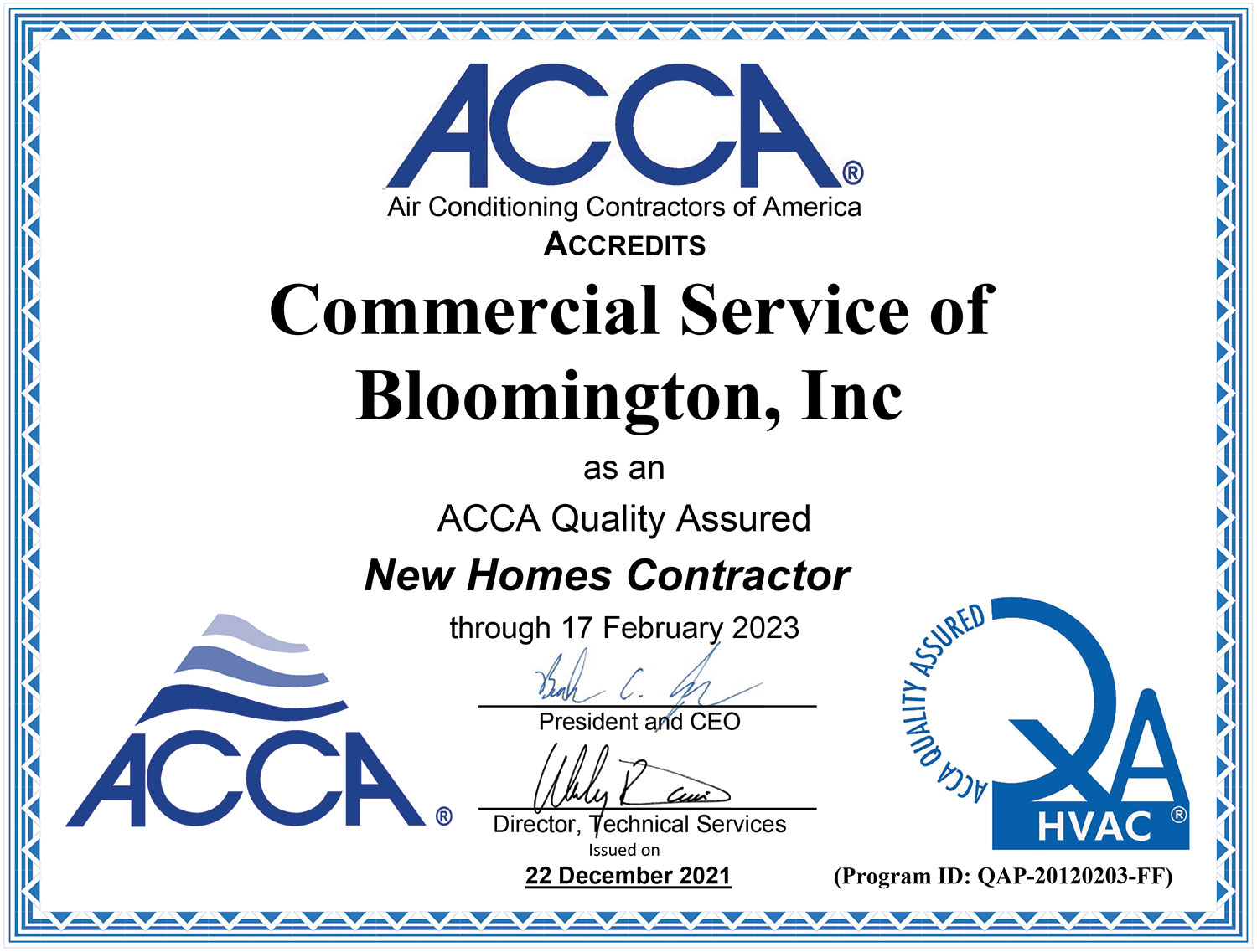 QAP Cert Accred Commercial Service of Bloomington Inc. 14044