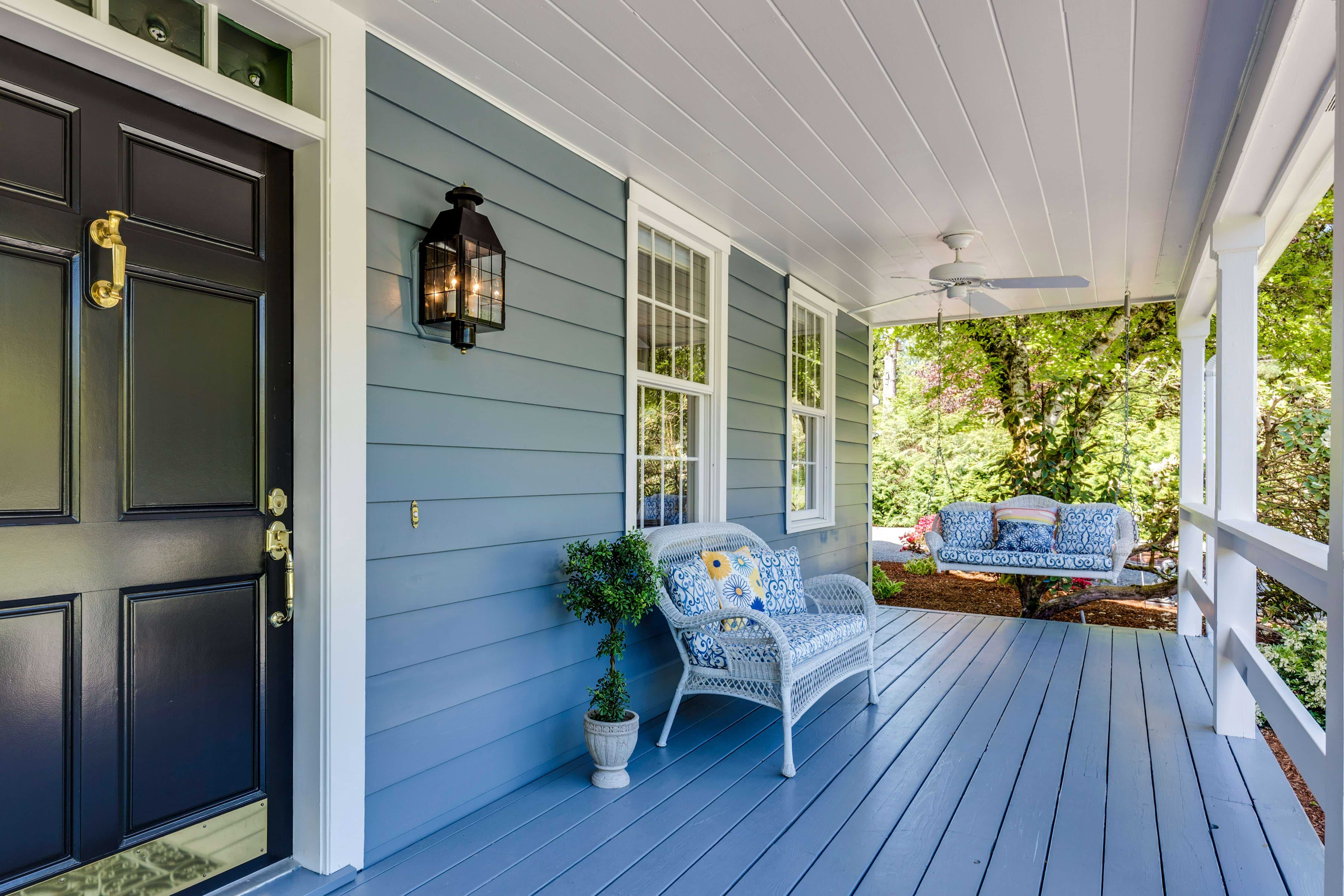 Porch of a house on a warm day. 